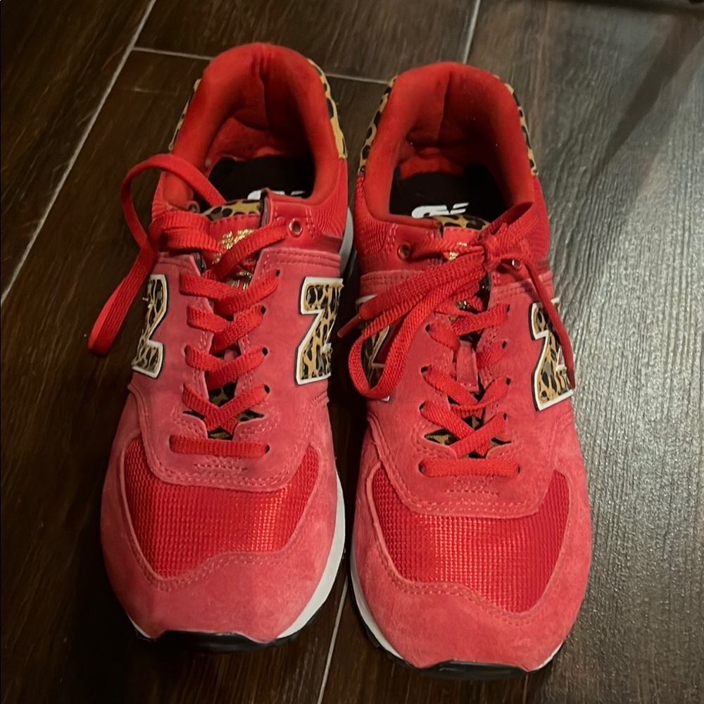 New Balance Red and Leopard Print Athletic Shoes
